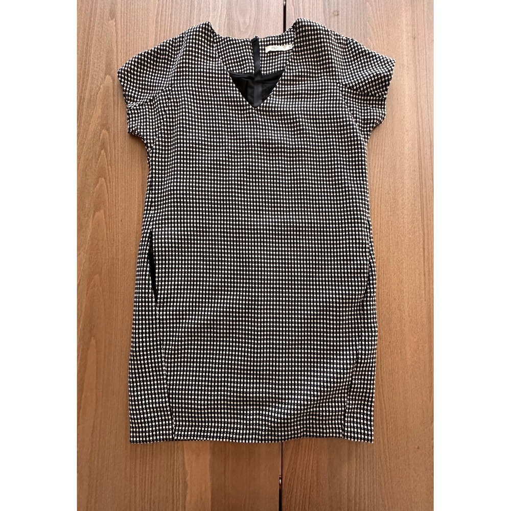 FRNCH Paris Black White Geometric Grid V-Neck Shift Dress Pockets Small F8902